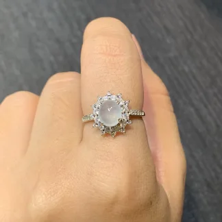 High-Icy Glowing Natural Jadeite Cabochon Ring — S925 Silver · No. E2BD