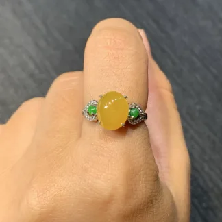 Icy Honey Yellow Natural Jadeite Cabochon Ring — S925 Silver · No. C2CA