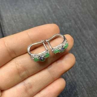 Icy Soft Vivid Green Natural Jadeite Cabochon Huggie Earrings — S925 Silver · No. 5E5D