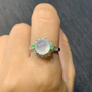 High-Icy Glowing Natural Jadeite Cabochon Ring — S925 Silver · No. 4287