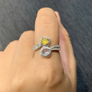High-Icy Glassy White and Honey Yellow Natural Jadeite Cabochon Ring — S925 Silver · No. 3D29