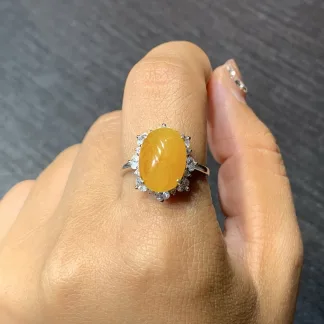 Icy Honey Yellow Natural Jadeite Cabochon Ring — S925 Silver · No. E137
