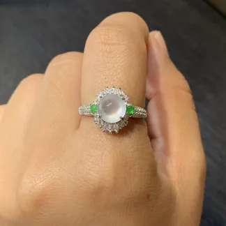 High-Icy Glowing Natural Jadeite Cabochon Ring — S925 Silver · No. 6C13