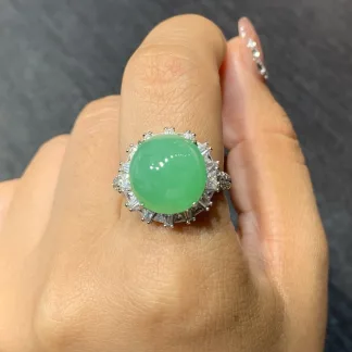 Icy Fresh Green Natural Jadeite Cabochon Ring — S925 Silver · No. F624