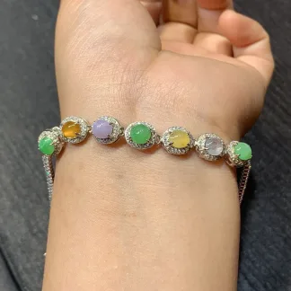 High-Icy Multicolor Natural Jadeite Cabochon Bracelet — S925 Silver · No. 79EA