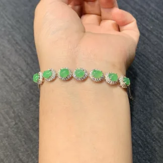 Icy Vivid Green Natural Jadeite Cabochon Bracelet — S925 Silver · No. 45F3