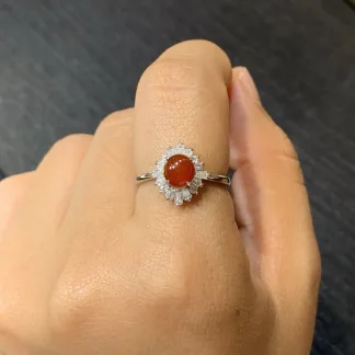 Icy Russet Red Natural Jadeite Cabochon Ring — S925 Silver · No. 75B5