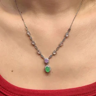 High-Icy Glassy White and Green Natural Jadeite Cabochon Necklace — S925 Silver · No. 97A6