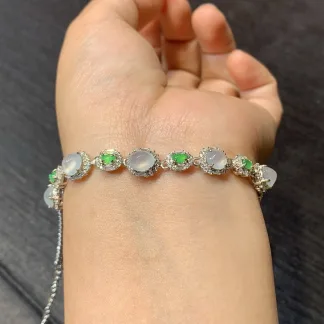 High-Icy Glowing Natural Jadeite Cabochon Bracelet — S925 Silver · No. 9264