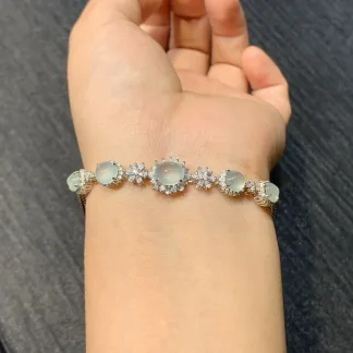High-Icy Glowing Clear Natural Jadeite Cabochon Bracelet — S925 Silver · No. 4D44