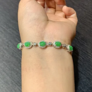 Icy Vivid Green Natural Jadeite Cabochon Bracelet — S925 Silver · No. 6D5B
