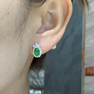 High-Icy Vivid Green Natural Jadeite Cabochon Stud Earrings — S925 Silver · No. 2ADF