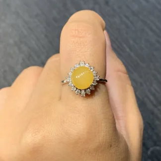 Icy Honey Yellow Natural Jadeite Cabochon Ring — S925 Silver · No. 1732