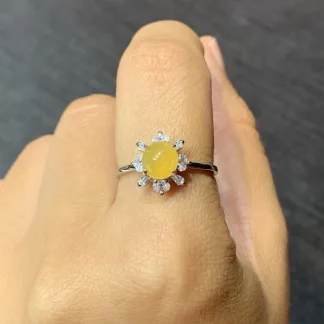 High-Icy Honey Yellow Natural Jadeite Cabochon Ring — S925 Silver · No. 3A60