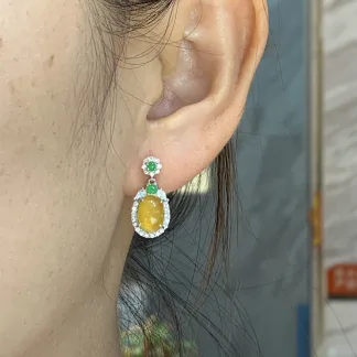 High-Icy Honey Yellow Natural Jadeite Cabochon Drop Earrings — S925 Silver · No. F5B9