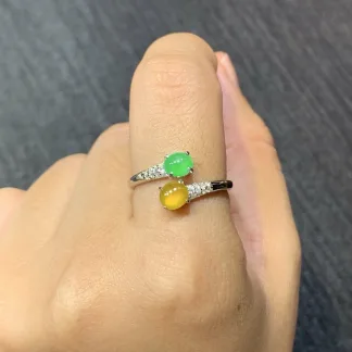 High-Icy Yellow and Green Natural Jadeite Cabochon Ring — S925 Silver · No. F927