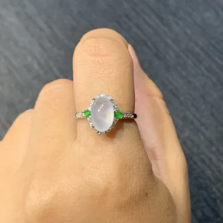 High-Icy Glowing Natural Jadeite Cabochon Ring — S925 Silver · No. 72EB