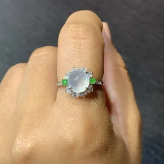 High-Icy Glowing Natural Jadeite Cabochon Ring — S925 Silver · No. 0F86