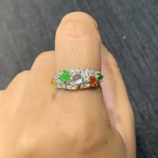 High-Icy Multicolor Natural Jadeite Cabochon Ring — S925 Silver · No. D78E