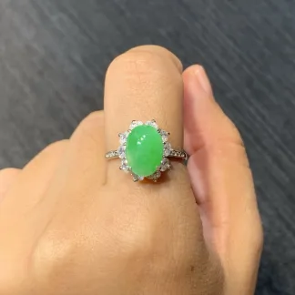Icy Vivid Green Natural Jadeite Cabochon Ring — S925 Silver · No. 74F3