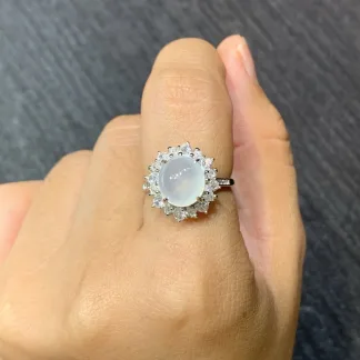 High-Icy Glowing Natural Jadeite Cabochon Ring — S925 Silver · No. EF86