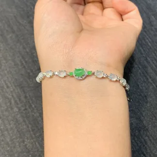 High-Icy White and Green Natural Jadeite Cabochon Bracelet — S925 Silver · No. EEC6