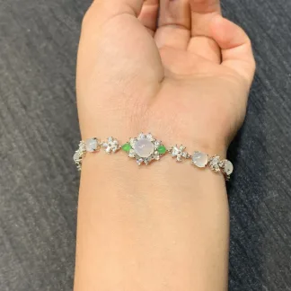 Icy Glowing Natural Jadeite Cabochon Bracelet — S925 Silver · No. 9A28