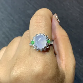 High-Icy Glowing Pale Lavender Natural Jadeite Cabochon Ring — S925 Silver · No. 949C