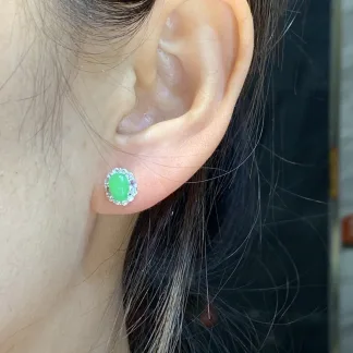Icy Vivid Green Natural Jadeite Cabochon Stud Earrings — S925 Silver · No. F68D