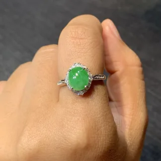 Vivid Green Natural Jadeite Cabochon Ring — S925 Silver · No. 4AB1
