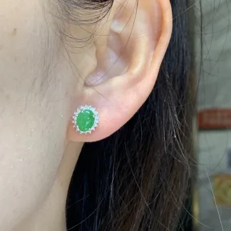 Icy Vivid Green Natural Jadeite Cabochon Stud Earrings — S925 Silver · No. 0342