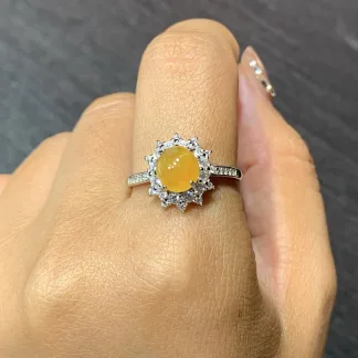 High-Icy Honey Yellow Natural Jadeite Cabochon Ring — S925 Silver · No. 4DD9
