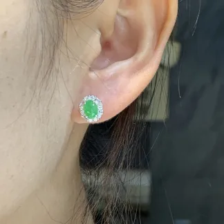 Icy Vivid Green Natural Jadeite Cabochon Stud Earrings — S925 Silver · No. C537
