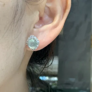 High-Icy Glowing Clear Natural Jadeite Cabochon Stud Earrings — S925 Silver · No. 4E98