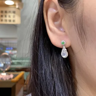 High-Icy Glowing Natural Jadeite Cabochon Drop Earrings — S925 Silver · No. E311