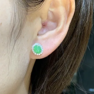 High-Icy Vivid Green Natural Jadeite Cabochon Stud Earrings — S925 Silver · No. 05F1