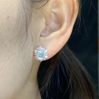 High-Icy Glowing Natural Jadeite Cabochon Stud Earrings — S925 Silver · No. 69E8