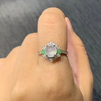 High-Icy Glowing White and Green Cabochon Natural Jadeite Three-Piece Cabochon Set — S925 Silver · No. B27D