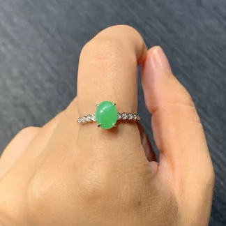 Icy Vivid Green Natural Jadeite Cabochon Ring — S925 Silver · No. 6434