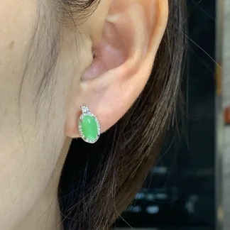 High-Icy Vivid Green Natural Jadeite Cabochon Stud Earrings — S925 Silver · No. CA4B