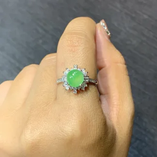Icy Soft Vivid Green Natural Jadeite Cabochon Ring — S925 Silver · No. B455
