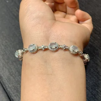 High-Icy Glowing Natural Jadeite Cabochon Bracelet — S925 Silver · No. 03C2