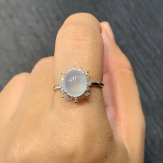 High-Icy Glowing Natural Jadeite Cabochon Ring — S925 Silver · No. E88F