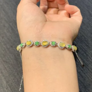 High-Icy Honey Yellow and Green Natural Jadeite Cabochon Bracelet — S925 Silver · No. 1966