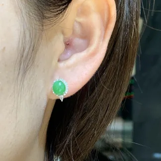 Icy Vivid Green Natural Jadeite Cabochon Stud Earrings — S925 Silver · No. 950D