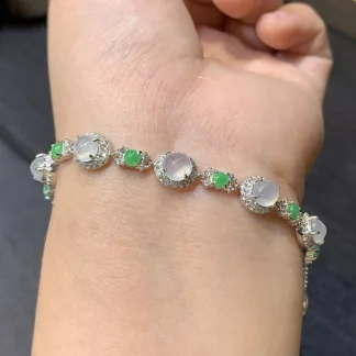 High-Icy Glowing Natural Jadeite Cabochon Bracelet — S925 Silver · No. 884F