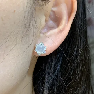 High-Icy Glowing Natural Jadeite Cabochon Stud Earrings — S925 Silver · No. C1B9