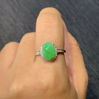 High-Icy Vivid Green Natural Jadeite Cabochon Ring — S925 Silver · No. F222