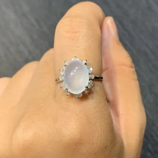 High-Icy Glowing Natural Jadeite Cabochon Ring — S925 Silver · No. D473