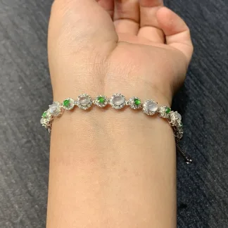 High-Icy Glowing White and Green Natural Jadeite Cabochon Bracelet — S925 Silver · No. EBBE